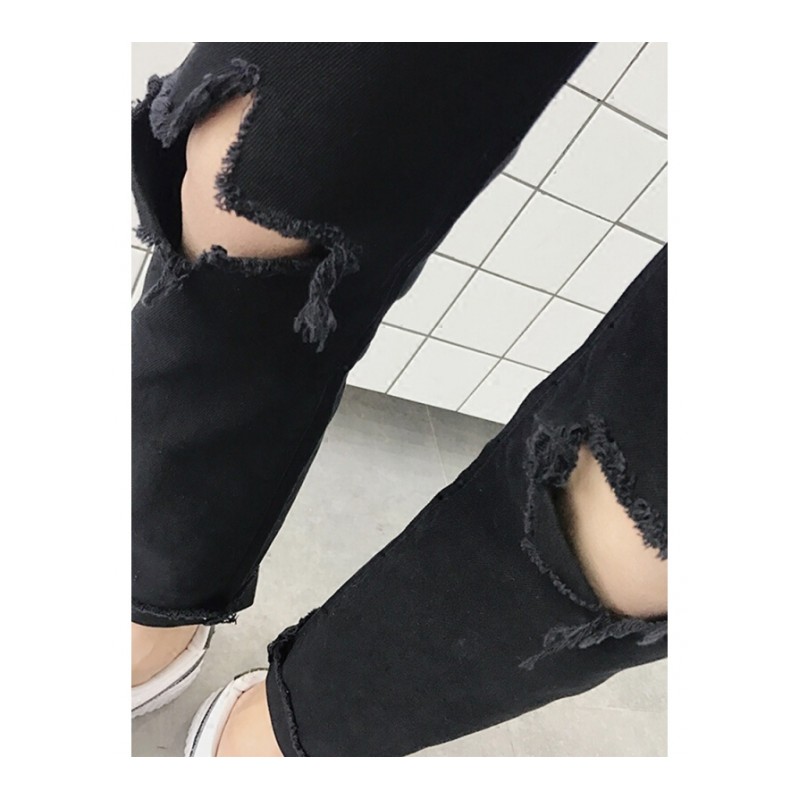 夏季韩版男士破洞牛仔裤黑色修身九分裤学生小脚长裤lm黑色