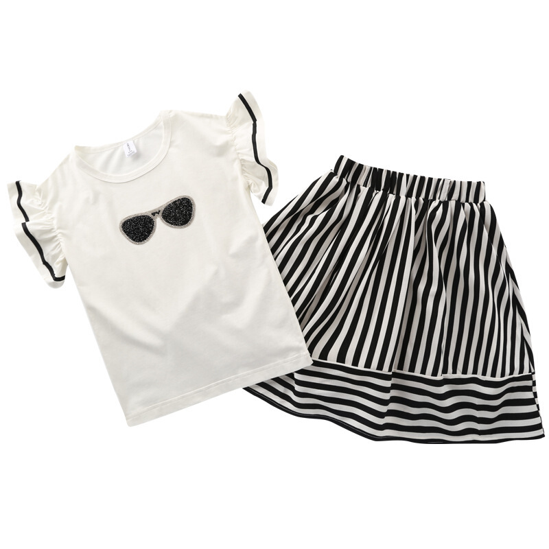 一件女童眼镜T恤裙套装童装2018夏季儿童韩版休闲两件套jyl白色