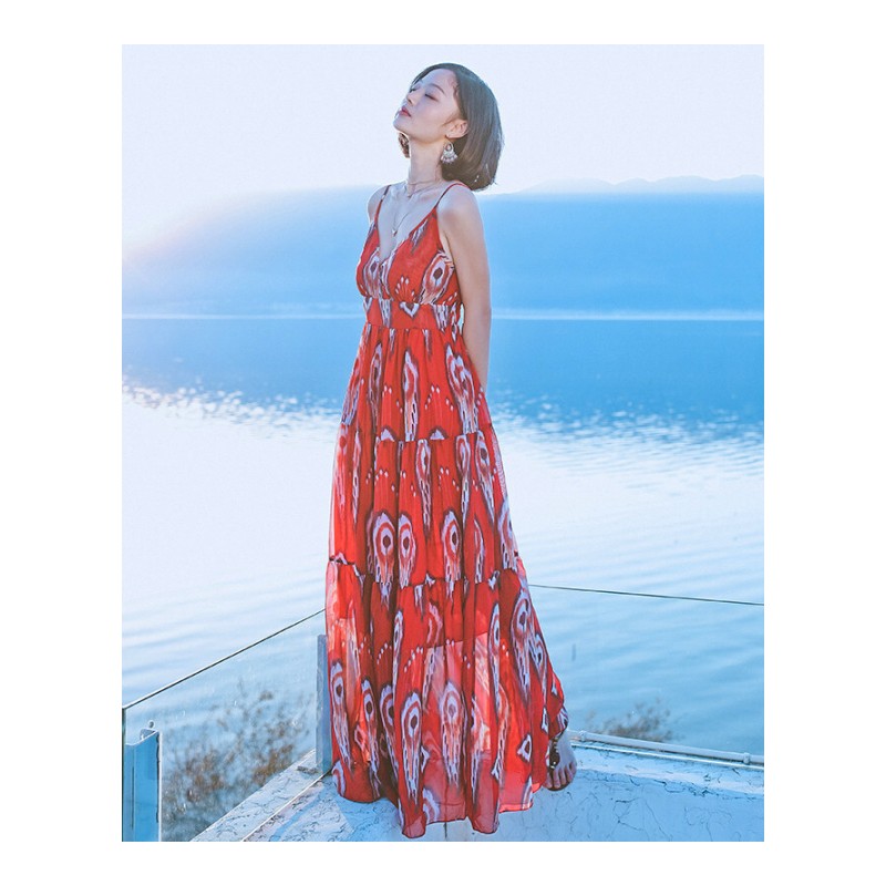 2017夏季女装收腰露背带裙雪纺连衣裙波西米亚长裙海边度假沙滩裙子图片色