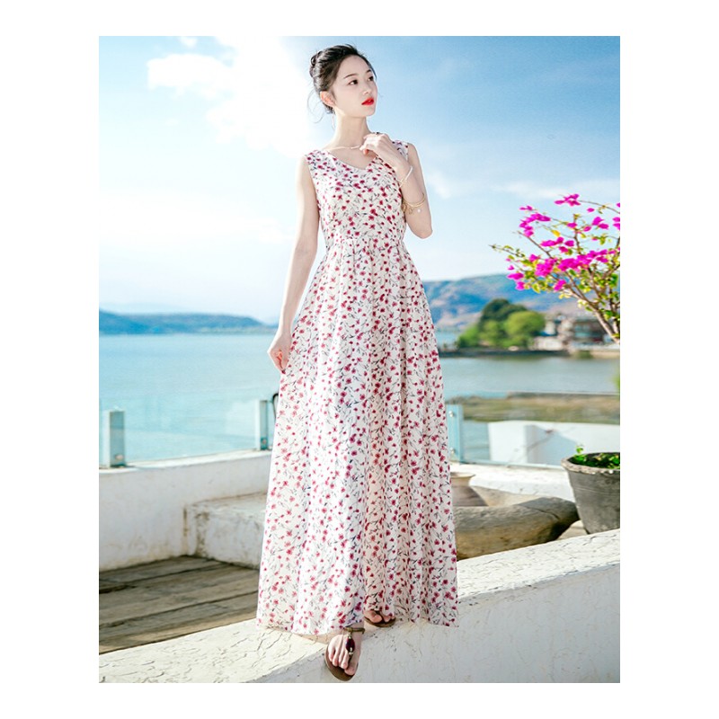 2017夏季新品女装修身无袖雪纺连衣裙长裙波西米亚海边度假沙滩裙图片色