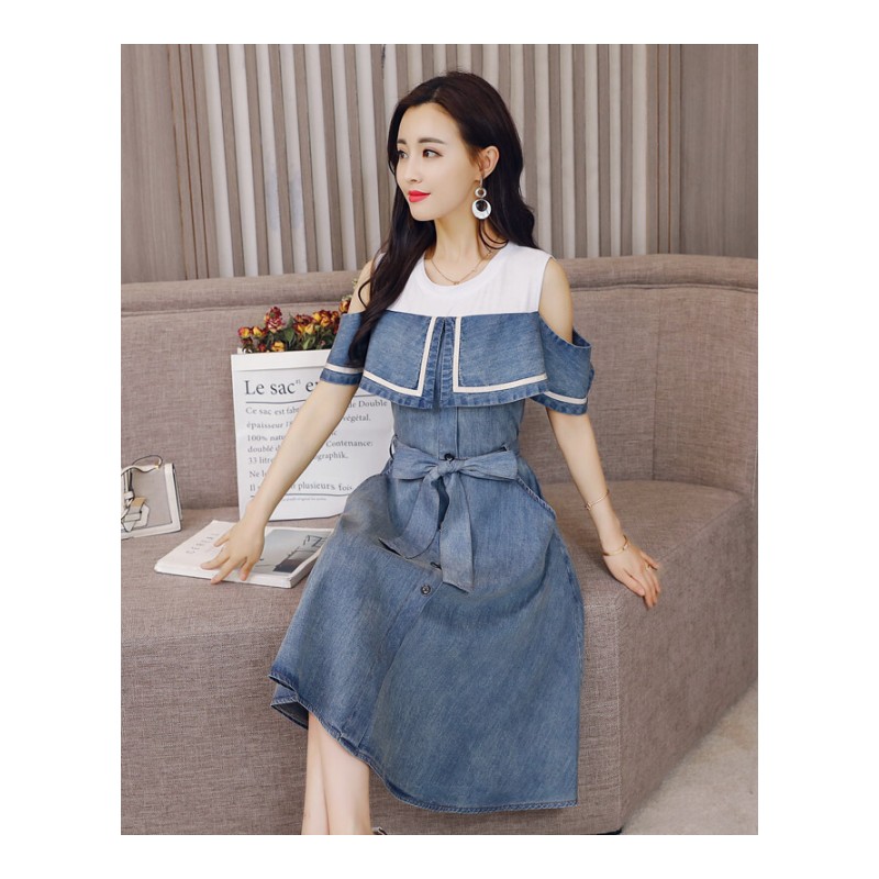 连衣裙子2018夏季新款中长款女韩版修身显瘦一字领露肩学生短袖连衣裙子薄款蓝色