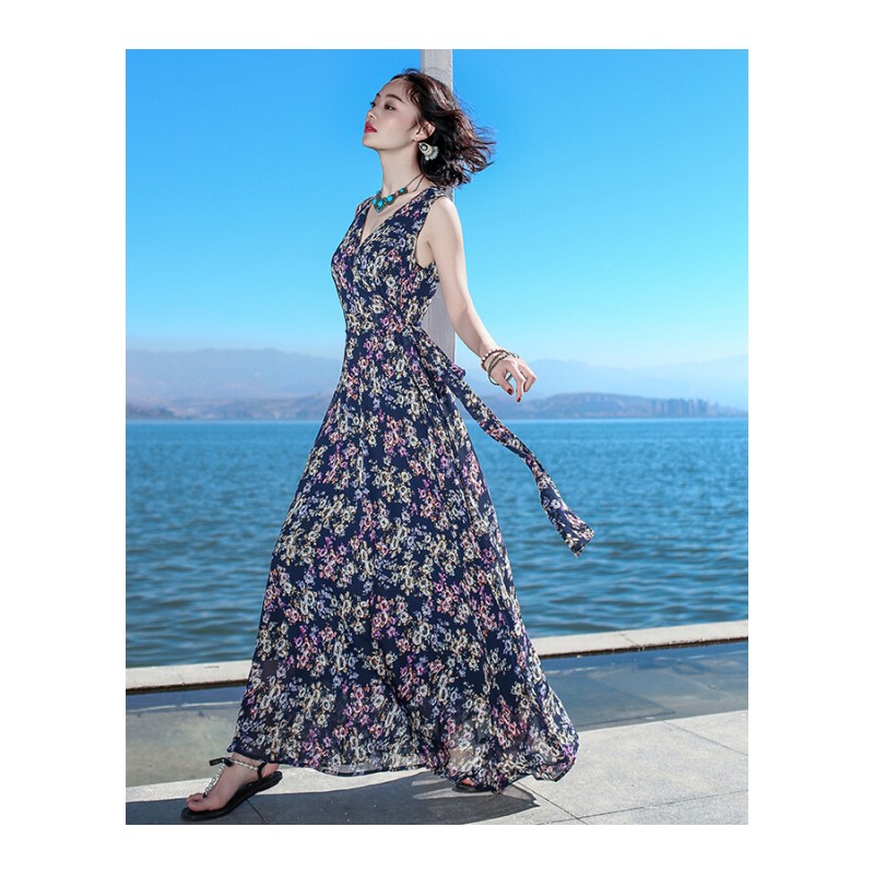2017夏季新品女装系带无袖雪纺连衣裙长裙波西米亚海边度假沙滩裙