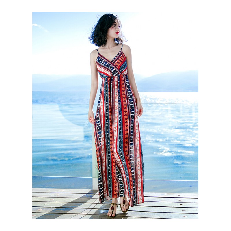 2017夏季新品无袖条纹带雪纺长裙连衣裙波西米亚海边度假沙滩裙图片色