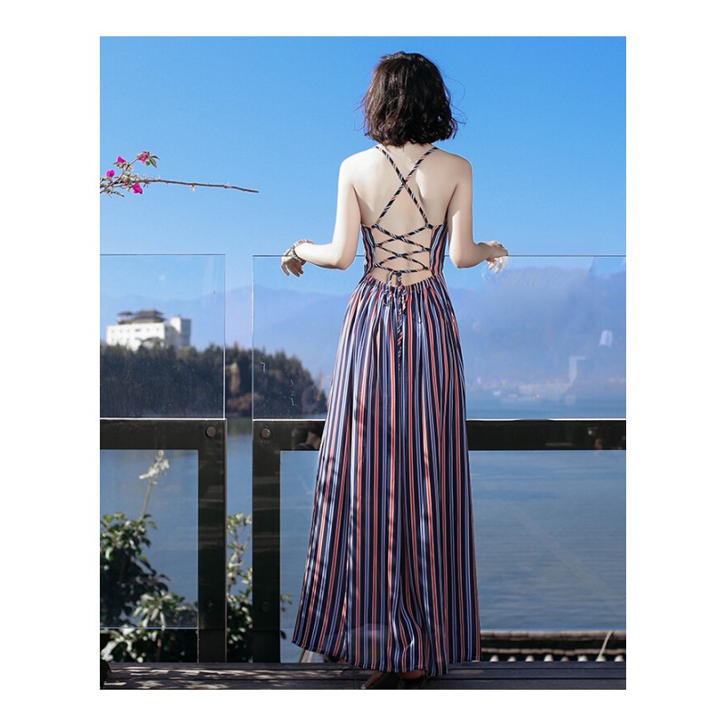 2017夏季新品条纹露背带雪纺长裙连衣裙波西米亚海边度假沙滩裙图片色