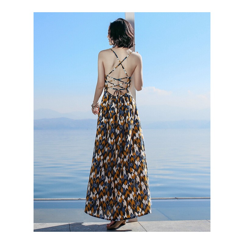 2017夏季新品女装露背带雪纺连衣裙长裙波西米亚海边度假沙滩裙图片色