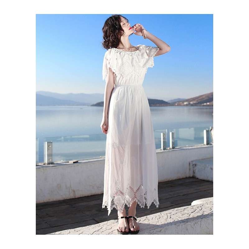 露肩连衣裙女士2017夏季新品白色无袖棉质绣花波西米亚长裙海边度假沙滩裙白色