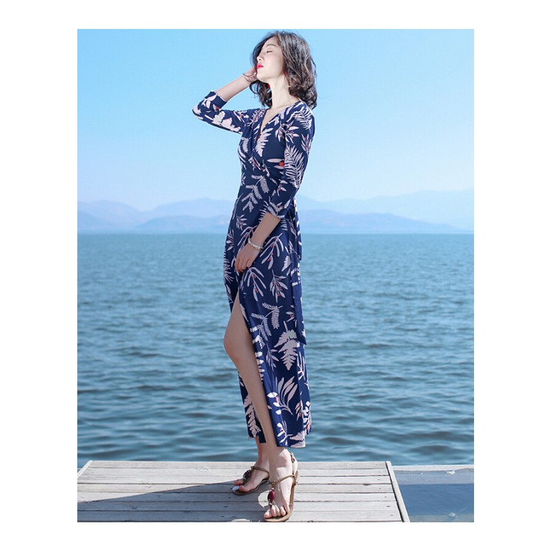 2017夏季新品女装长袖开叉修身雪纺连衣裙波西米亚长裙海边度假沙滩裙蓝色