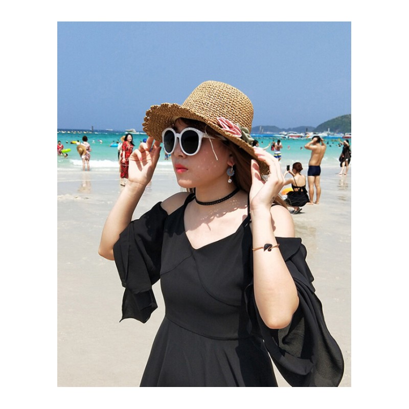 夏季遮阳帽子女防晒帽户外大沿帽时尚出游度假遮阳帽韩版太阳帽米色M(56-58cm)