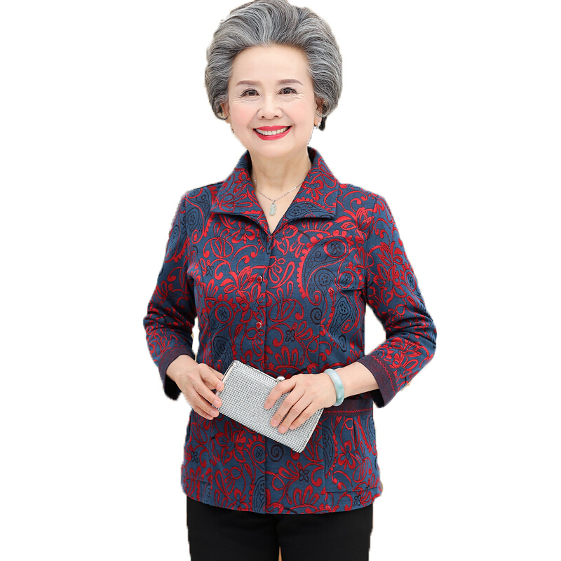 中老年人女装长袖衬衫60-70岁妈妈上衣老人衣服80奶奶装秋装套装红色上衣加裤子