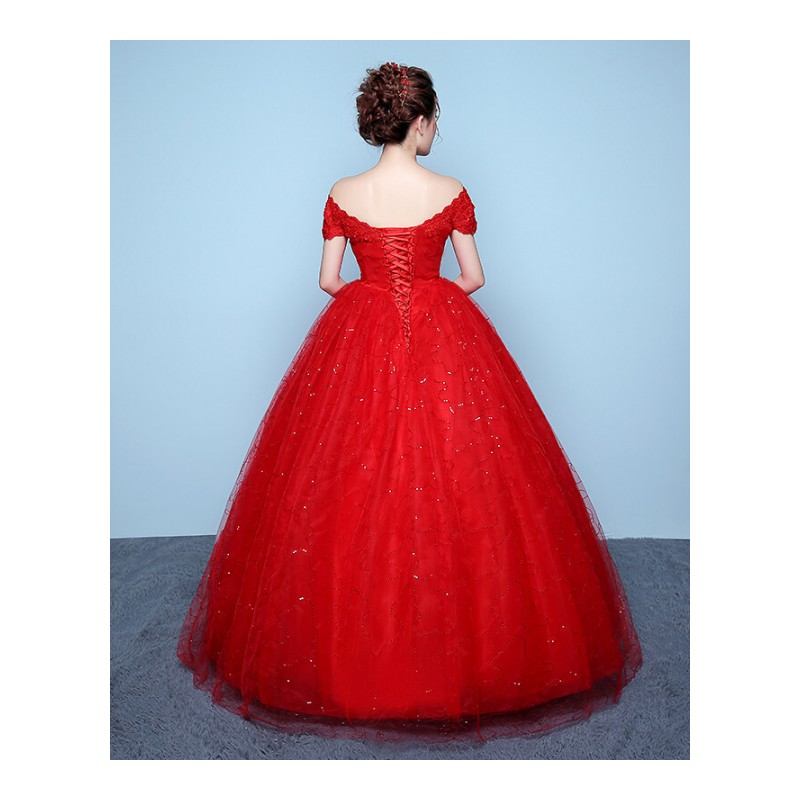 韩式婚纱2018新款齐地孕妇婚纱韩版高腰大码一字肩婚纱红色婚纱红色