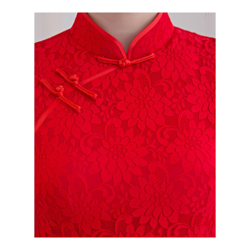 春夏新款蕾丝复古改良红色性感长款旗袍气质时尚修身显瘦连衣裙女红色