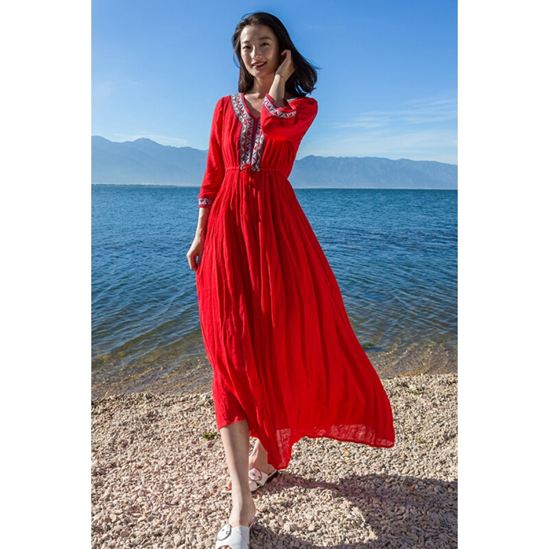 民族风长裙红色度假沙滩裙子女中长款七分袖棉麻连衣裙显瘦ljq红色
