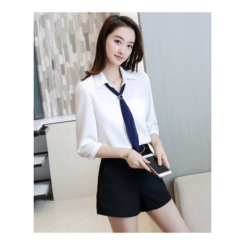 夏季韩版女时尚两件套2018短裤雪纺衫女职业小心机套装yy图片色套装