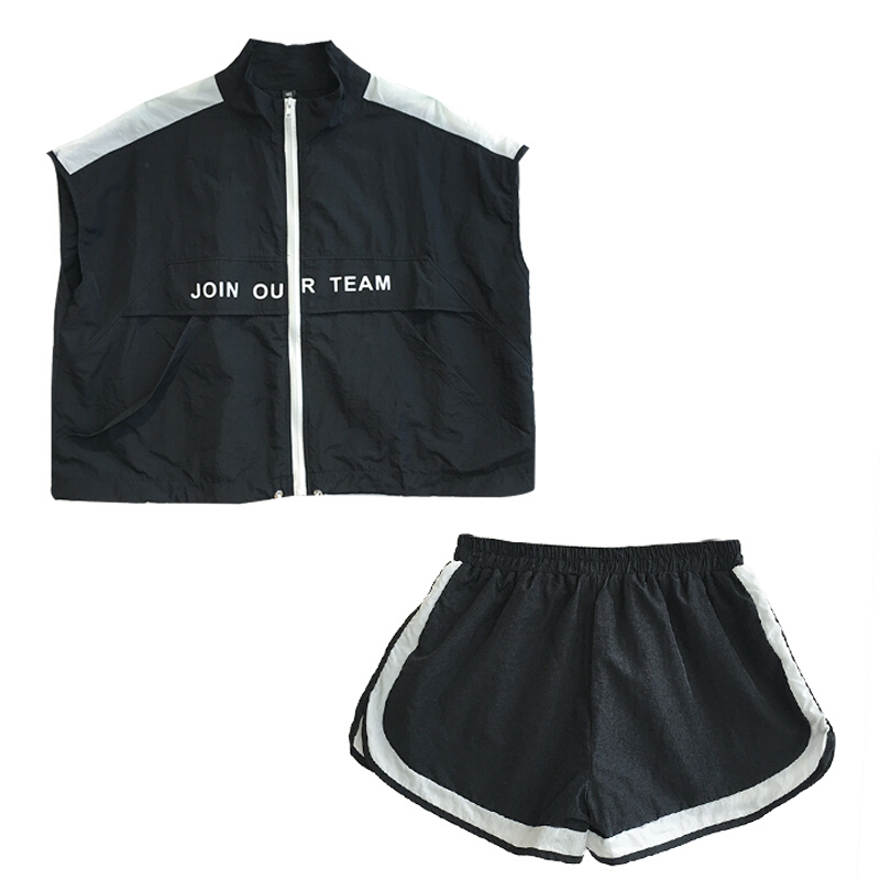 字母外套+短裤两件套女夏季2018韩版宽松无袖俏皮运动套装yy黑色均码