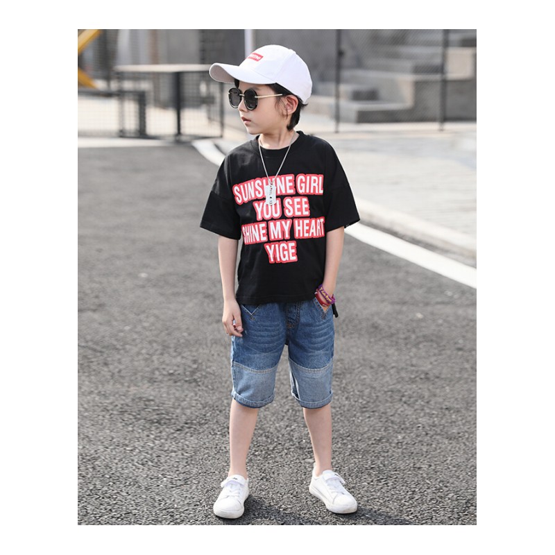男童短袖套装2018夏装韩版中大童牛仔裤两件套儿童夏季套装ljq