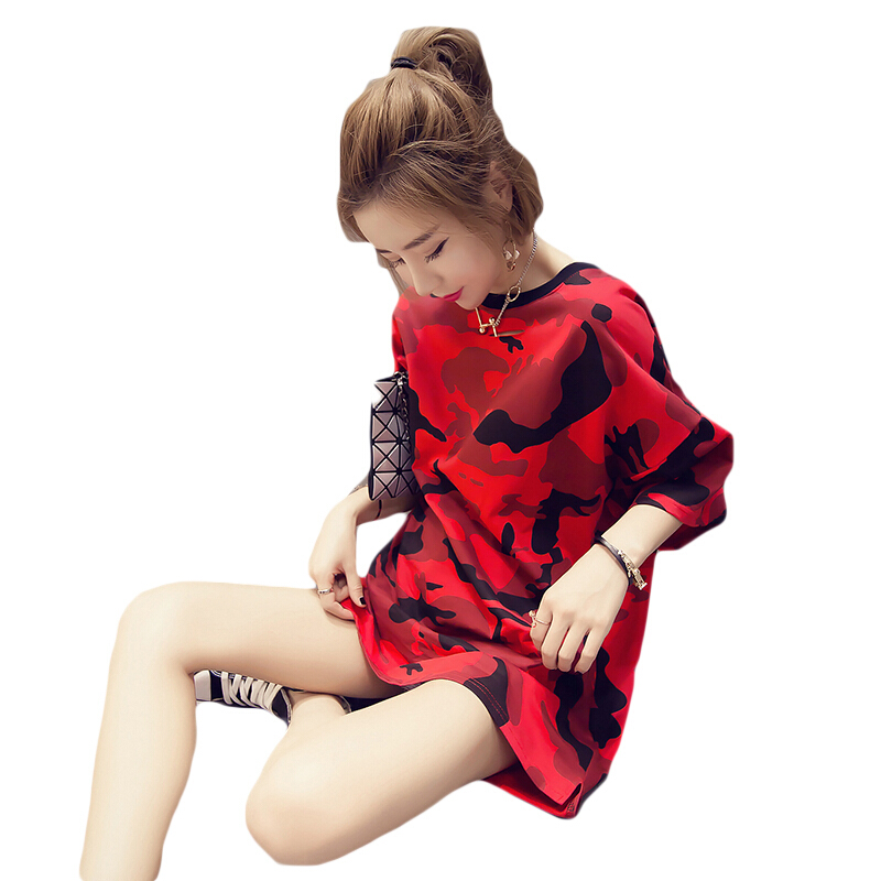 中长款T恤女短袖 宽松韩版红色迷彩大码显瘦2018夏季半袖纯棉体恤 红色 均码
