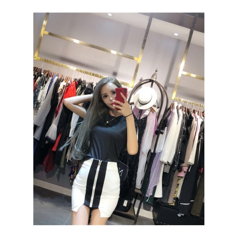 套装女夏2018韩版新款纯色简约修身短T+拉链撞色显瘦包臀裙两件套黑衣+拼色裙