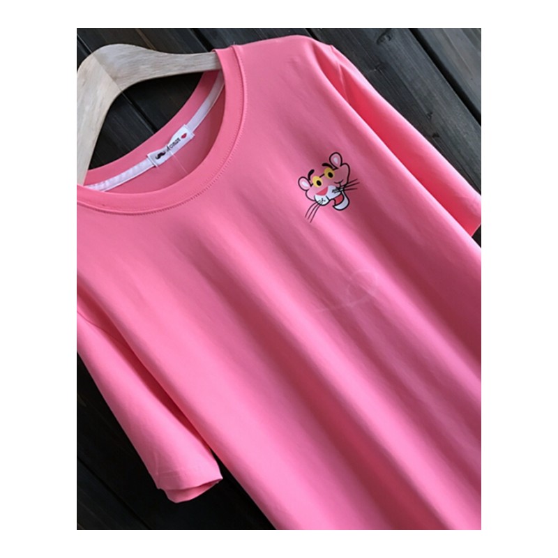 韩版女装纯棉卡通中长款大码T恤夏装简约连衣裙百搭短袖打底衫粉色均码