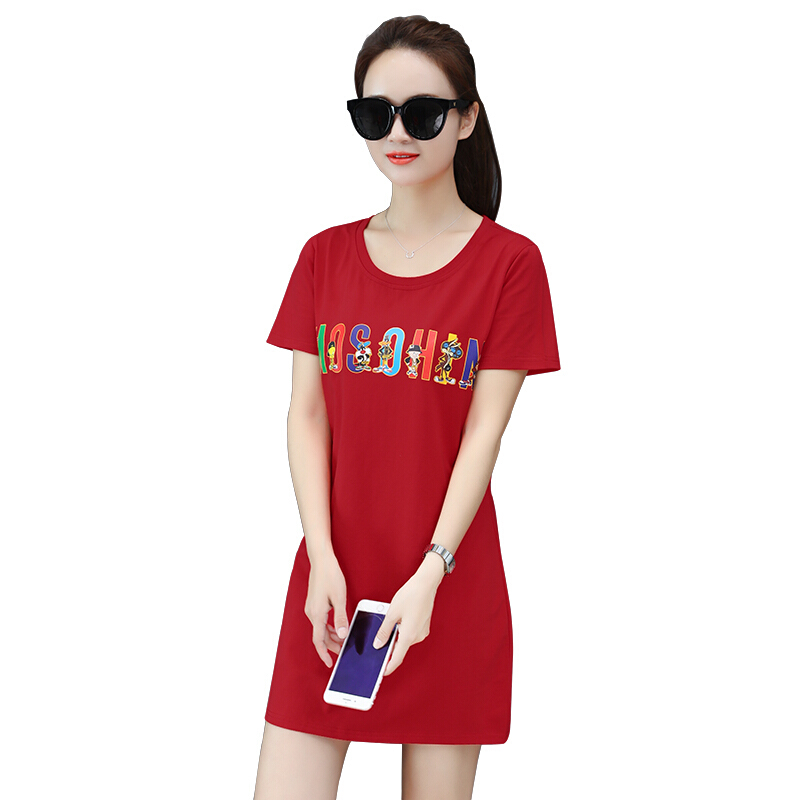 2018夏装新款印花T恤女短袖纯棉宽松显瘦半袖上衣中长款圆领体恤红色1806