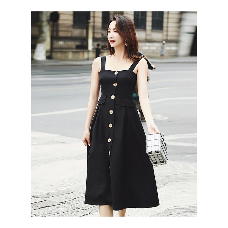 连衣裙女2018韩版夏季新款复古气质度假冷淡风中长款裙带大摆裙黑色