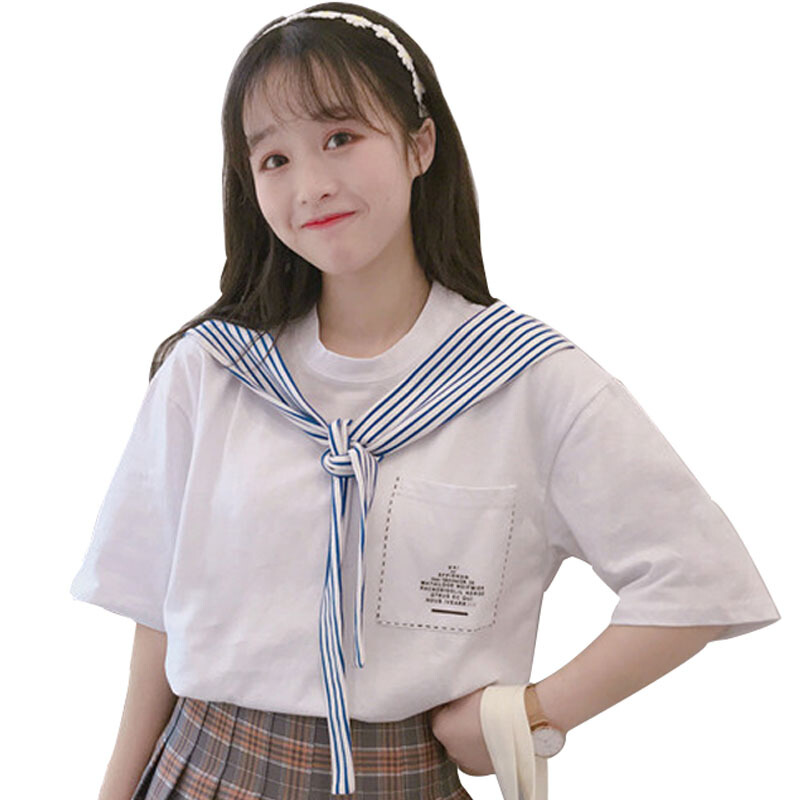 夏装女装韩版宽松学院风小清新海军领短袖T恤中袖体恤上衣学生潮白色均码