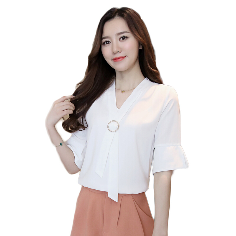 雪纺衫短袖女2018新款夏季韩版女装v领上衣五分袖百搭衬衫小衫潮