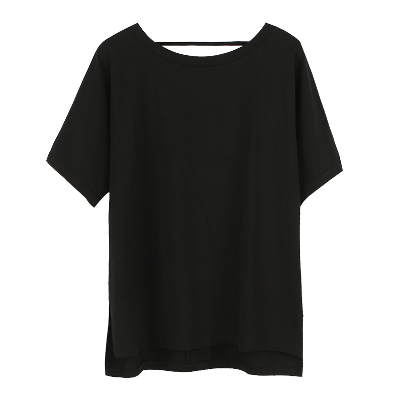 2018夏新款黑色露背小心机上衣设计感漏后背镂空短袖T恤女宽松 黑色 均码