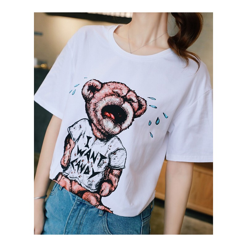 短袖女2018新款夏装女小熊印花上衣韩版宽松学生白色T恤打底衫潮