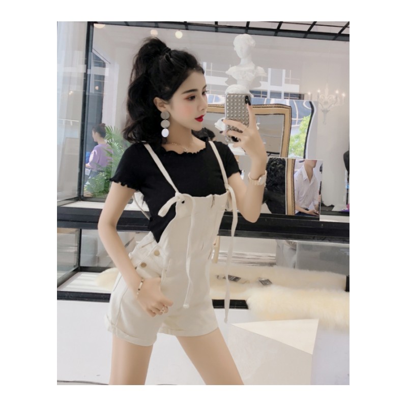 时尚套装女夏2018新款韩版白色显瘦纯色短袖上衣+牛仔背带短裤潮