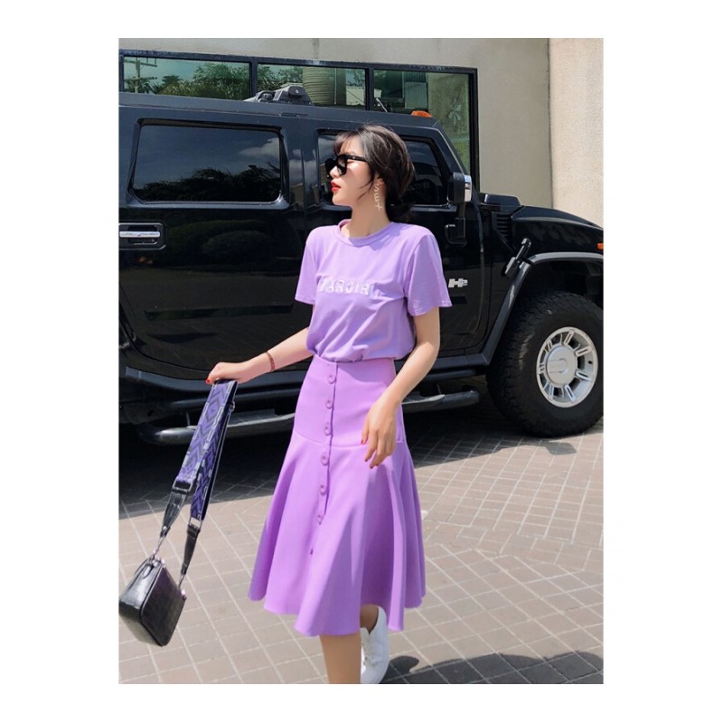 夏装女装2018新款时尚潮休闲百搭紫色T恤高腰半身裙套装女两件套紫色T+紫色半身裙[两件套]