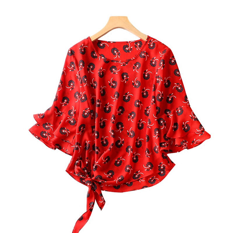 18年夏季新款蒲公英印花侧边系带复古双层喇叭袖雪纺罩衫上衣女红色