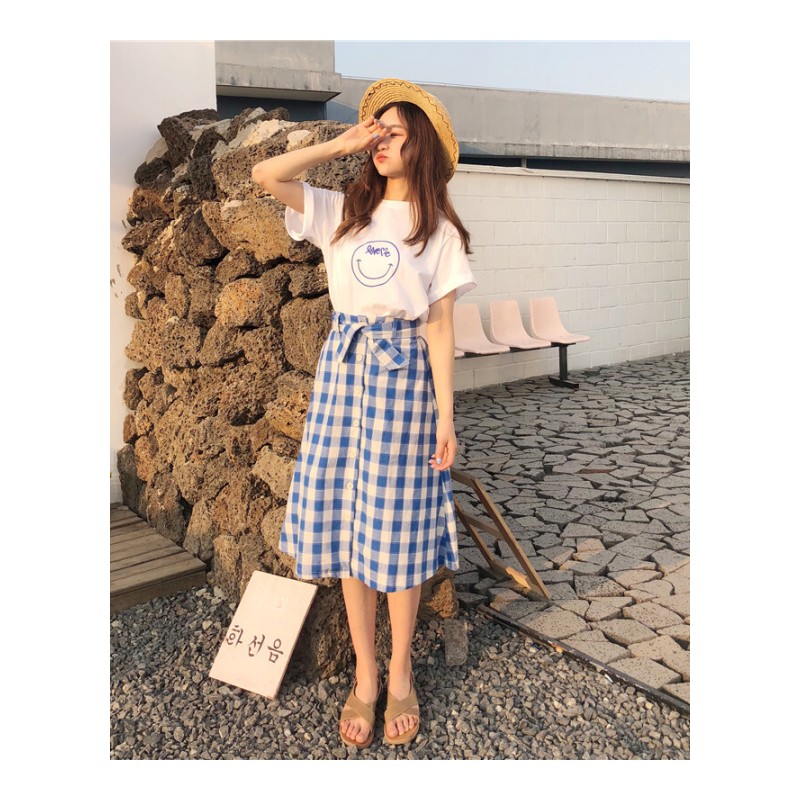 韩版时尚休闲套装夏装女装宽松短袖T恤上衣+高腰格子半身裙两件套蓝格子均码