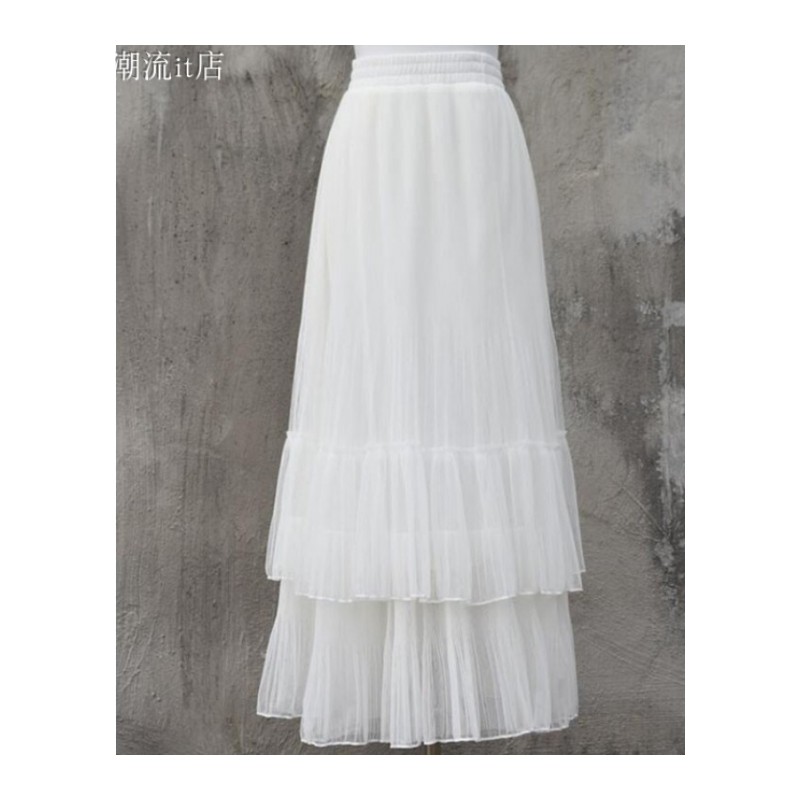 18新款薄网纱百褶半身裙中长款双层荷叶边压褶显瘦纱裙甜美裙白色均码