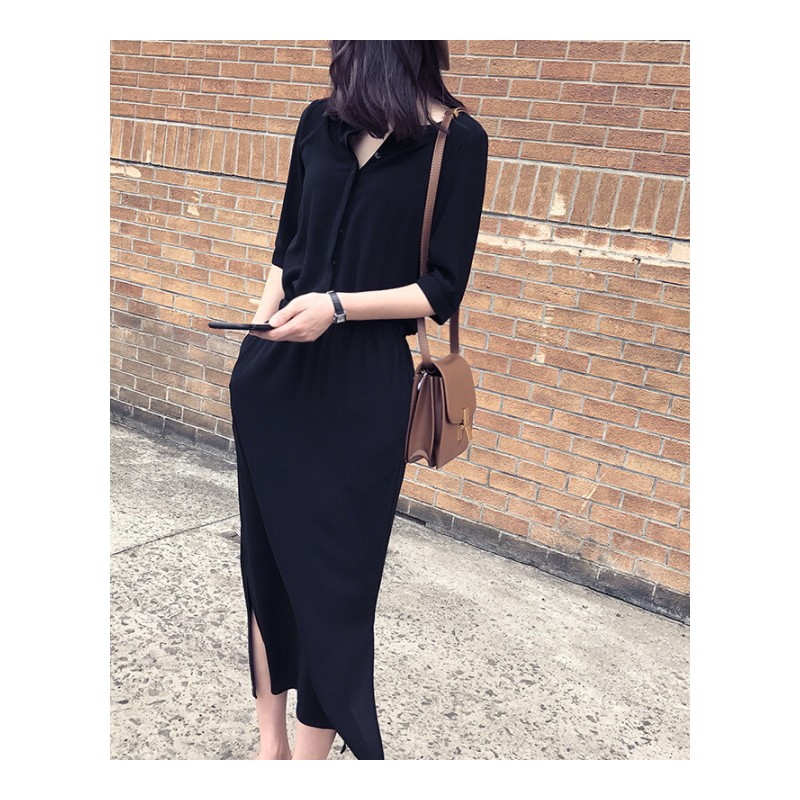 2018夏装新款女装韩版黑色开叉长裙气质收腰显瘦连衣裙