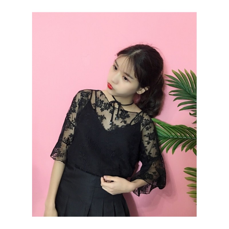 韩版时尚休闲套装春季女装气质喇叭袖蕾丝衫衬衫上衣+带两件套黑色均码