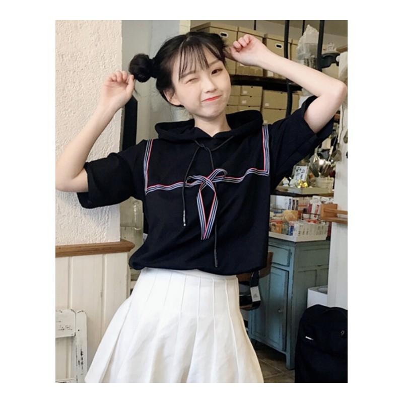 春夏女装韩版学院风宽松海军风系带连帽短袖T恤中袖打底衫上衣潮白色均码