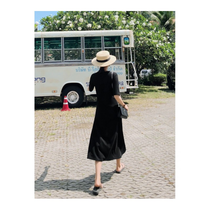 女装夏装2018新款中长款裙子韩版圆领修身百搭黑色短袖连衣裙黑色