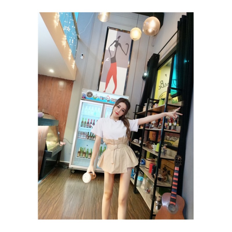 夏季韩版时尚修身显瘦圆领纯色拼接系带收腰裙摆T恤衫女短袖上衣卡其色均码