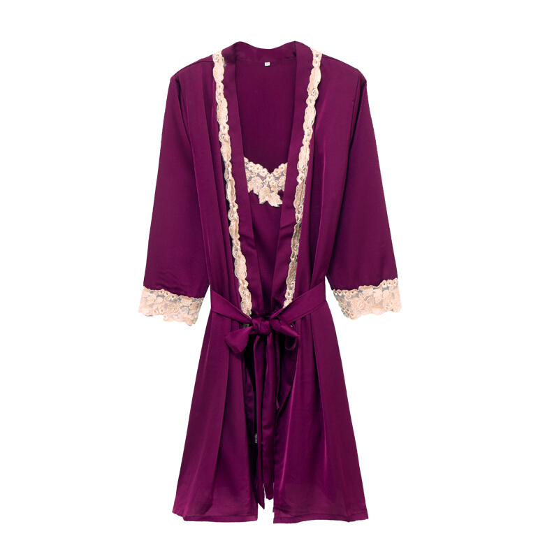 性感丝绸带睡裙 睡衣两件套女士夏季诱惑 仿真丝冰丝蕾丝真套装 迷幻紫色 160(M)