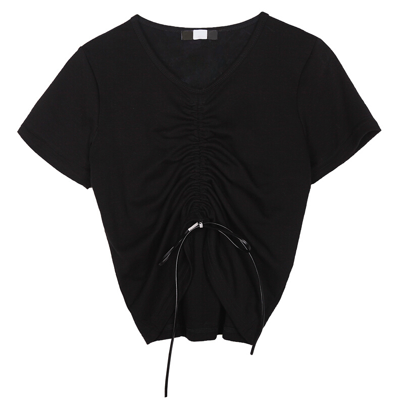2018夏季新款韩版V领黑色短袖T恤女短款体恤系带设计感小心机上衣白色均码