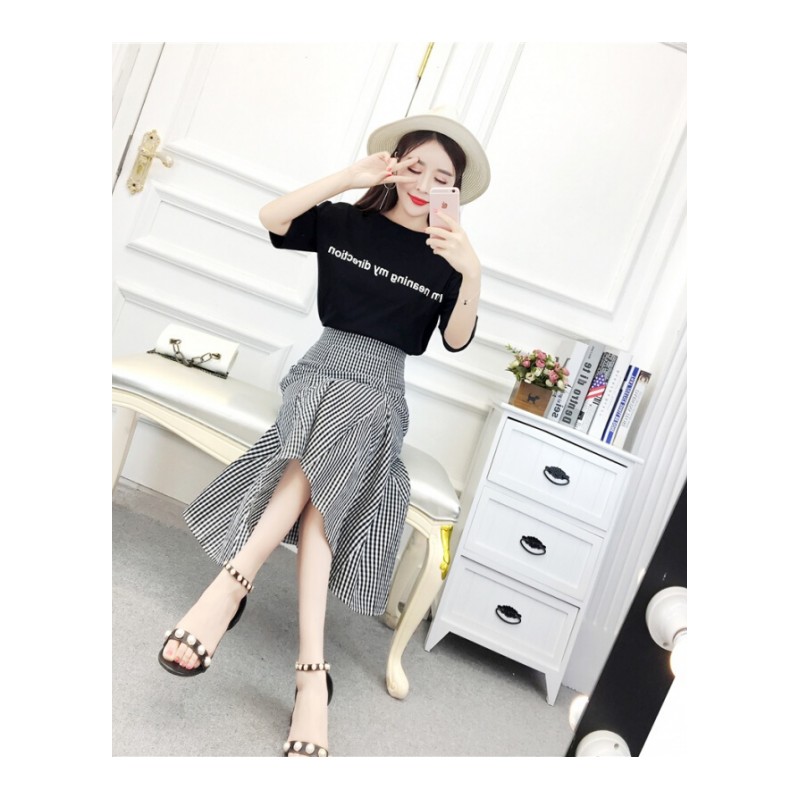套装女夏时尚气质新款韩版纯棉字母印花修身T恤+格子半身裙两件套图片色