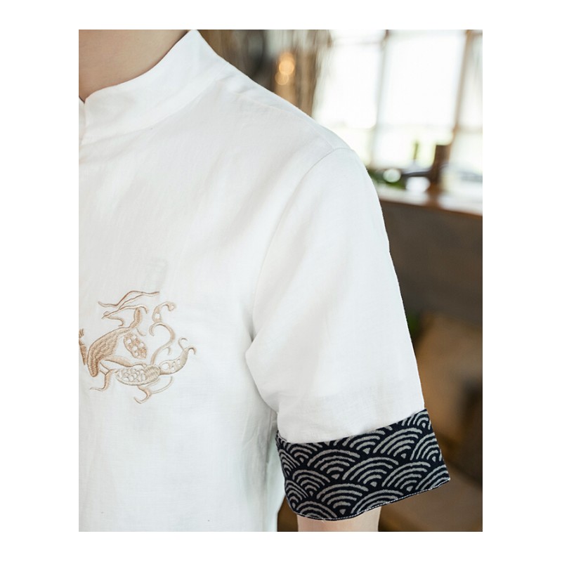 2018新款中国风刺绣棉麻衬衫男士宽松亚麻立领短袖衬衣潮白色1803