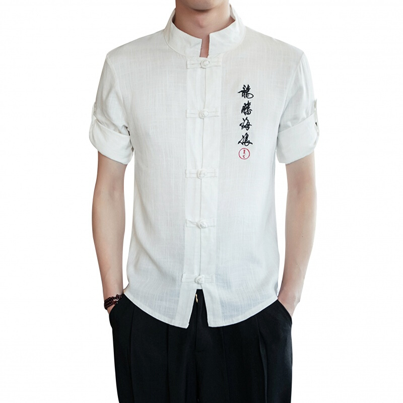 夏季亚麻短袖衬衫男复古中国风刺绣立领衬衣七分袖上衣服白色C01