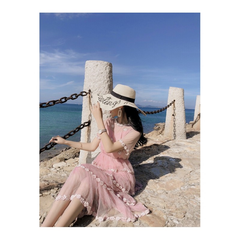 裙子女夏2018韩版新款蕾丝甜美网纱中长款裙海边度假连衣裙潮粉红色均码