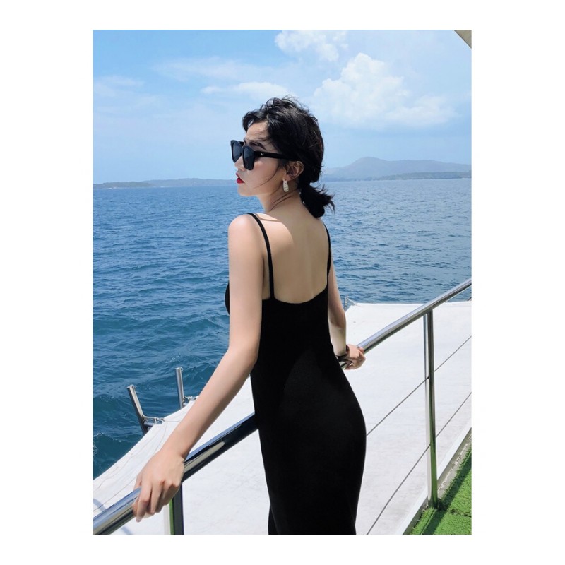 2018夏装新款女装裙子 韩版时尚修身黑色性感带裙中长款连衣裙 黑色 均码
