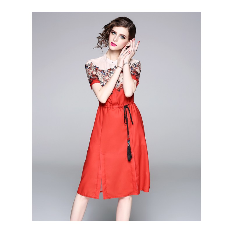 2018夏装新款网红款熟女彩珠腰带开叉显瘦七分袖复古碎花连衣裙