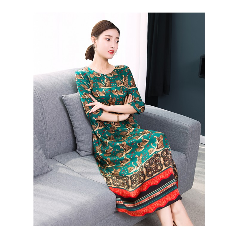 2018夏季新款绿色重磅真丝珍珠缎连衣裙宽松中国风民族中长