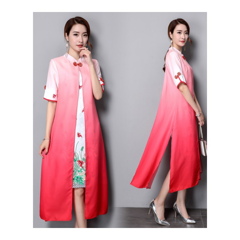 夏季新款中国风复古立领改良旗袍渐变色真丝雪纺印花假两件连衣裙