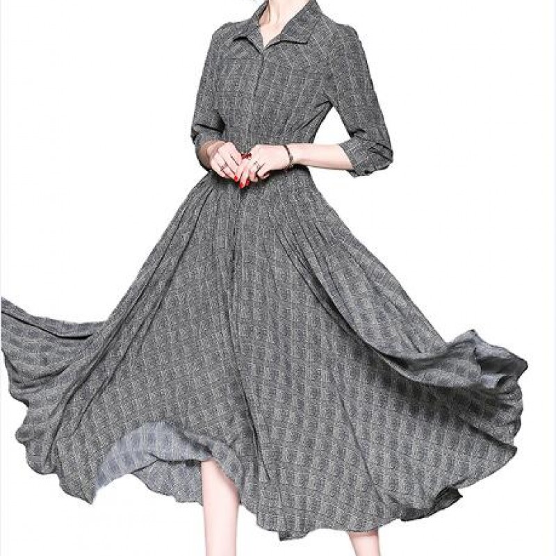 2018春季新款欧美时尚气质格子高腰七分袖中长款衬衫显瘦连衣裙女
