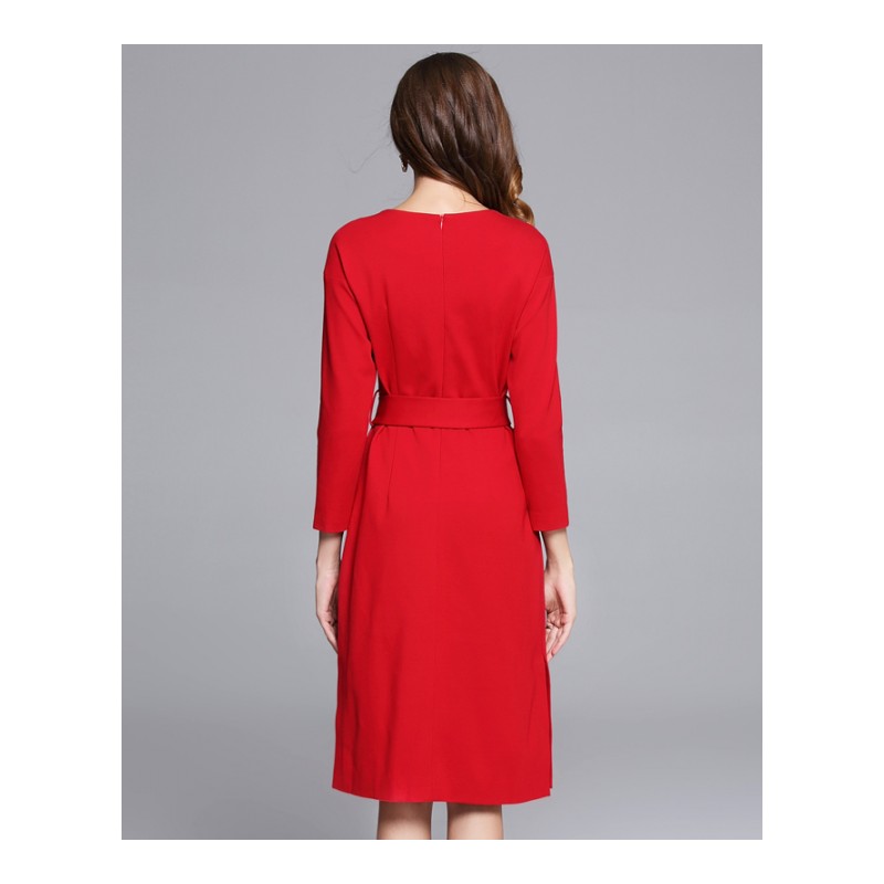 冬装2017新款女裙子大码红色连衣裙中长款敬酒服小礼服长袖长裙子